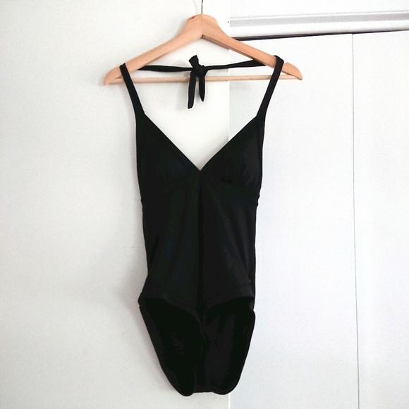 La Vie En Rose Other - NWOT La Vie En Rose Aqua Black V-Neck Halter One-Piece Swimsuit